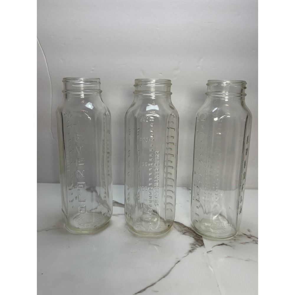 Lot of 3 Vintage Evenflo Glass Baby Bottles 8oz Hexagonal Clear Made in USA